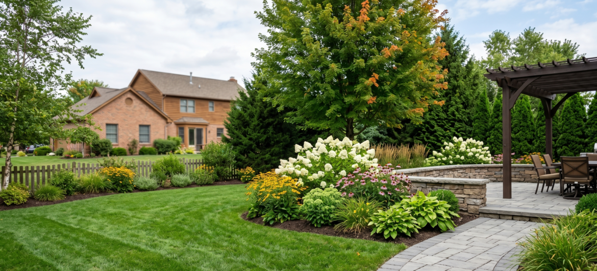 A beautifully landscaped suburban backyard in Amherst, NY, featuring a gray stone paver walkway, white hydrangeas, purple coneflowers, and a wooden pergola over a custom patio.