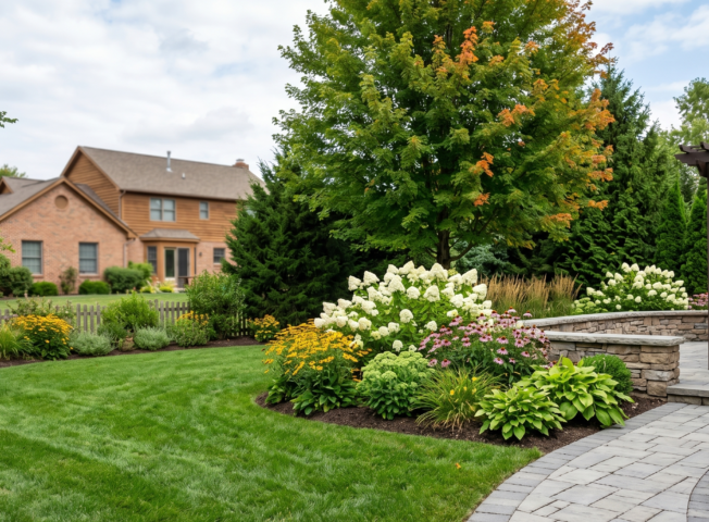A beautifully landscaped suburban backyard in Amherst, NY, featuring a gray stone paver walkway, white hydrangeas, purple coneflowers, and a wooden pergola over a custom patio.