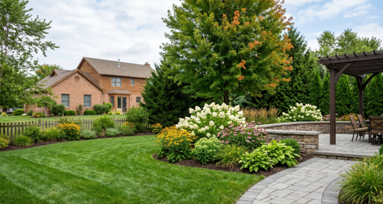 A beautifully landscaped suburban backyard in Amherst, NY, featuring a gray stone paver walkway, white hydrangeas, purple coneflowers, and a wooden pergola over a custom patio.