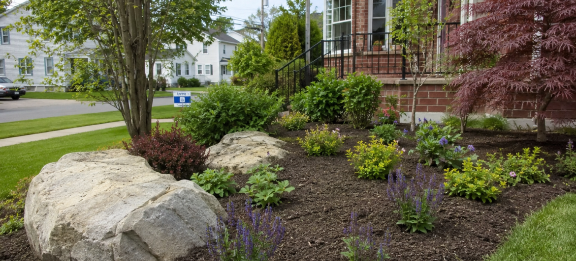 Premium residential landscaping services in Amherst NY featuring a custom interlocking paver patio, stone retaining wall, and native plant beds.