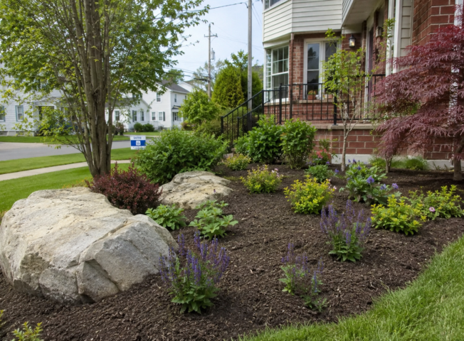 Premium residential landscaping services in Amherst NY featuring a custom interlocking paver patio, stone retaining wall, and native plant beds.