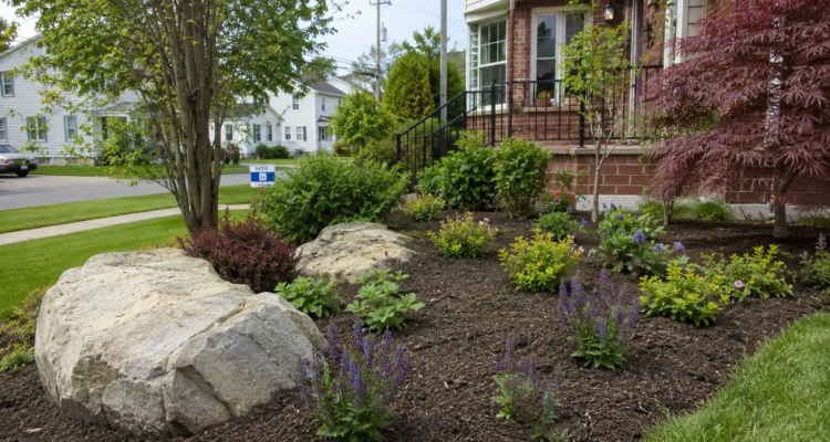 Premium residential landscaping services in Amherst NY featuring a custom interlocking paver patio, stone retaining wall, and native plant beds.
