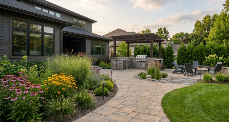 Amherst Landscaping custom outdoor living space featuring warm tone permeable pavers, an integrated outdoor kitchen under a wood pergola, and native WNY perennials like Coneflowers and switchgrass.