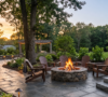Professionally installed interlocking concrete paver walkway leading to a custom stone outdoor fire pit surrounded by Adirondack chairs in a backyard in Amherst, Massachusetts.