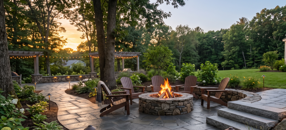 Professionally installed interlocking concrete paver walkway leading to a custom stone outdoor fire pit surrounded by Adirondack chairs in a backyard in Amherst, Massachusetts.