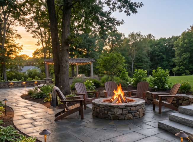 Professionally installed interlocking concrete paver walkway leading to a custom stone outdoor fire pit surrounded by Adirondack chairs in a backyard in Amherst, Massachusetts.