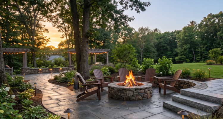 Professionally installed interlocking concrete paver walkway leading to a custom stone outdoor fire pit surrounded by Adirondack chairs in a backyard in Amherst, Massachusetts.