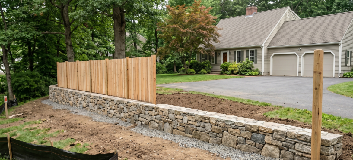 A professionally constructed New England stone retaining wall and wooden privacy fence built on a sloped residential property in Amherst, demonstrating compliance with local town landscape construction codes and setback rules.