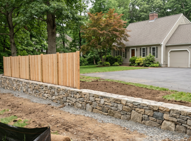 A professionally constructed New England stone retaining wall and wooden privacy fence built on a sloped residential property in Amherst, demonstrating compliance with local town landscape construction codes and setback rules.