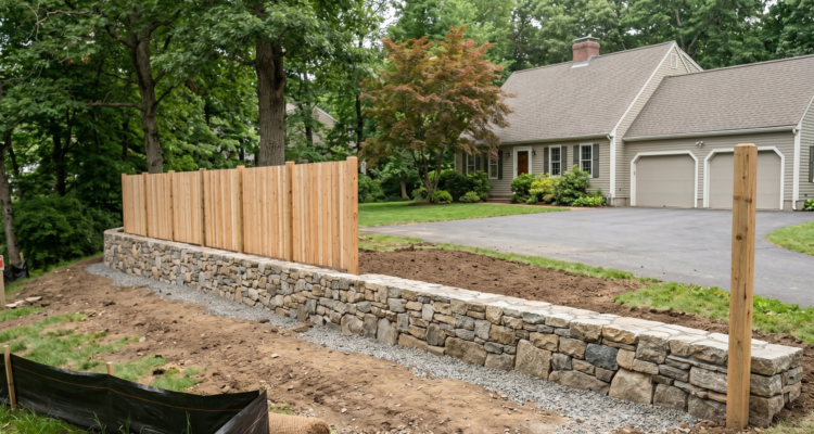 A professionally constructed New England stone retaining wall and wooden privacy fence built on a sloped residential property in Amherst, demonstrating compliance with local town landscape construction codes and setback rules.
