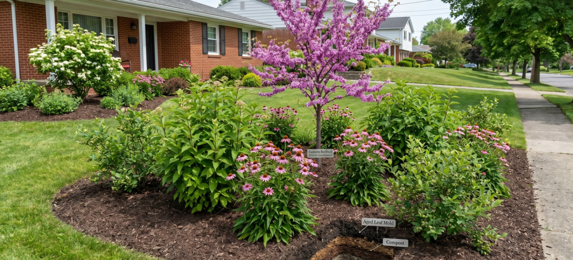 A panoramic view of a residential front yard in Amherst, NY, featuring a blooming Eastern Redbud tree, large clusters of Purple Coneflowers, and other clay-tolerant perennials in a landscaped garden bed. A cross-section of the soil bed is visible, with layers of dark mulch over heavy clay soil. In the background is a traditional red brick home on a tree-lined street.