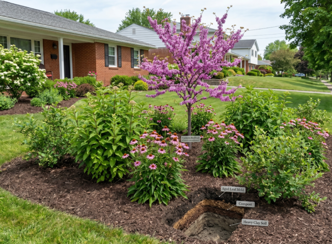 A panoramic view of a residential front yard in Amherst, NY, featuring a blooming Eastern Redbud tree, large clusters of Purple Coneflowers, and other clay-tolerant perennials in a landscaped garden bed. A cross-section of the soil bed is visible, with layers of dark mulch over heavy clay soil. In the background is a traditional red brick home on a tree-lined street.