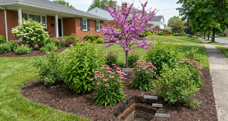 A panoramic view of a residential front yard in Amherst, NY, featuring a blooming Eastern Redbud tree, large clusters of Purple Coneflowers, and other clay-tolerant perennials in a landscaped garden bed. A cross-section of the soil bed is visible, with layers of dark mulch over heavy clay soil. In the background is a traditional red brick home on a tree-lined street.