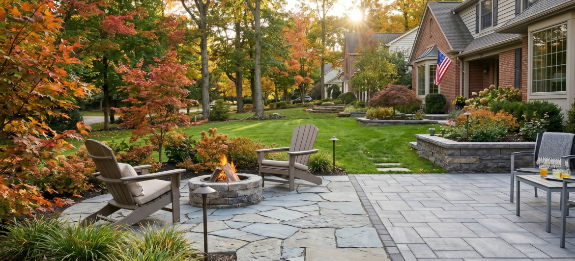 A luxury backyard patio design in East Amherst, NY, showcasing a side-by-side comparison of organic natural stone flagstone surrounding a stone fire pit next to smooth, geometric interlocking concrete pavers.