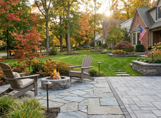 A luxury backyard patio design in East Amherst, NY, showcasing a side-by-side comparison of organic natural stone flagstone surrounding a stone fire pit next to smooth, geometric interlocking concrete pavers.
