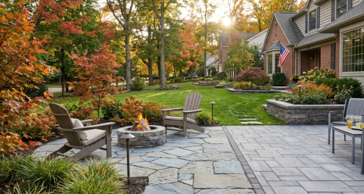 A luxury backyard patio design in East Amherst, NY, showcasing a side-by-side comparison of organic natural stone flagstone surrounding a stone fire pit next to smooth, geometric interlocking concrete pavers.