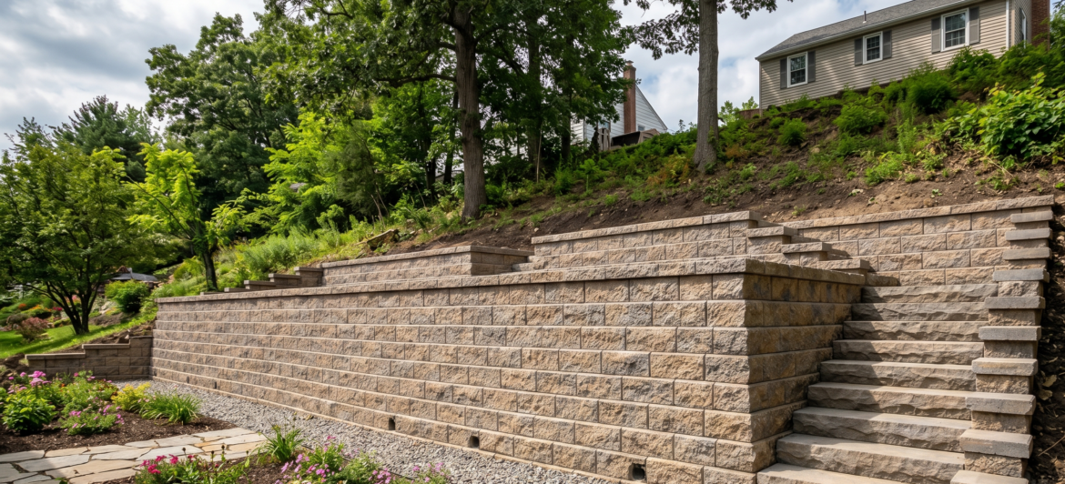 A professionally engineered multi-tiered concrete block retaining wall with built-in stone steps terracing a steep sloped backyard in Amherst, NY.