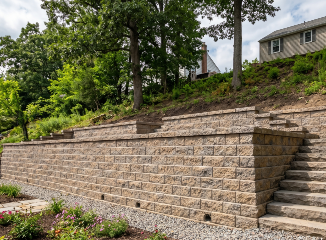 A professionally engineered multi-tiered concrete block retaining wall with built-in stone steps terracing a steep sloped backyard in Amherst, NY.