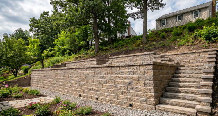 A professionally engineered multi-tiered concrete block retaining wall with built-in stone steps terracing a steep sloped backyard in Amherst, NY.