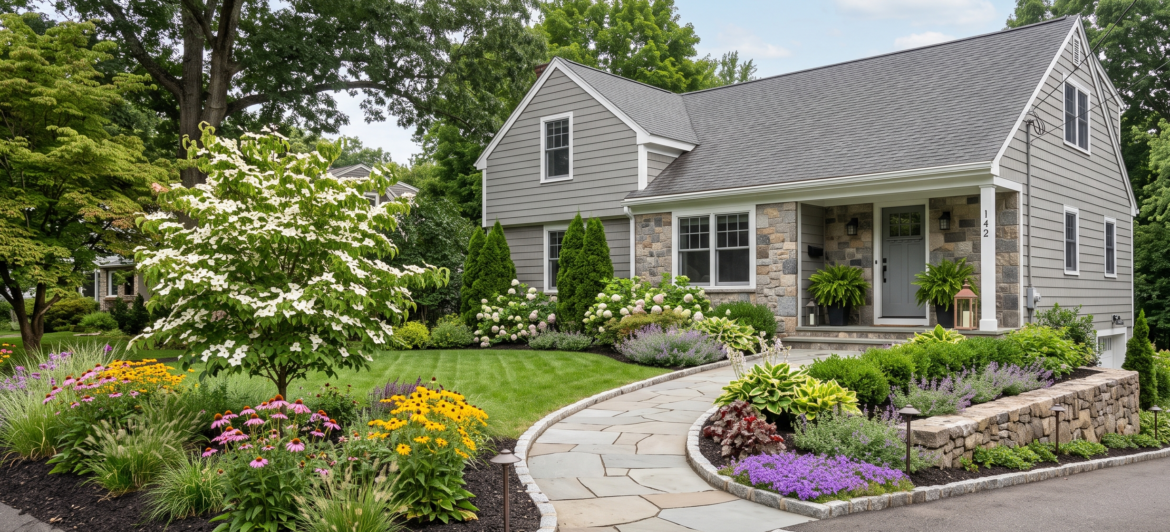 Front yard landscaping in Amherst featuring a flagstone walkway, stone retaining wall, flowering dogwood, and native flower beds.