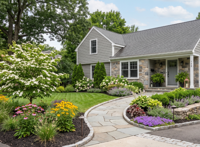 Front yard landscaping in Amherst featuring a flagstone walkway, stone retaining wall, flowering dogwood, and native flower beds.