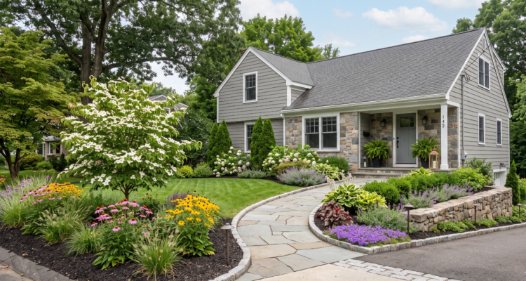 Front yard landscaping in Amherst featuring a flagstone walkway, stone retaining wall, flowering dogwood, and native flower beds.