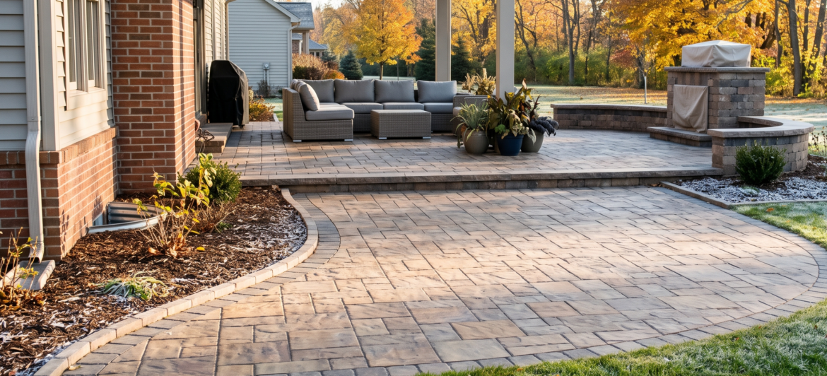Well-maintained interlock paver patio in Amherst NY with clean joints, prepared for early winter frost protection.