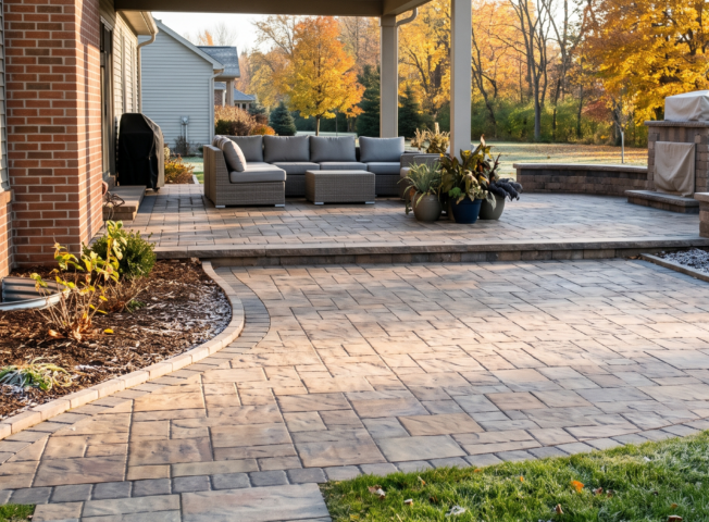 Well-maintained interlock paver patio in Amherst NY with clean joints, prepared for early winter frost protection.