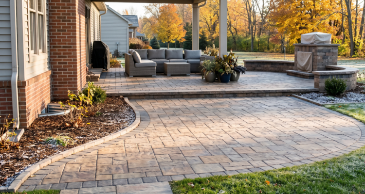 Well-maintained interlock paver patio in Amherst NY with clean joints, prepared for early winter frost protection.