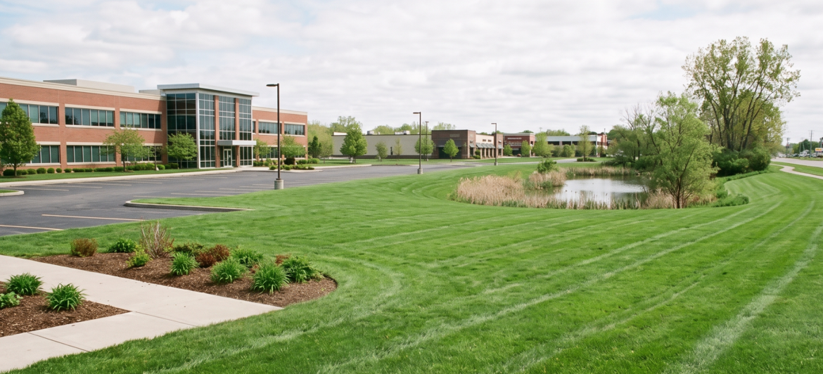 Immaculately maintained commercial lawn with professional mowing patterns outside a Western New York corporate business park in Amherst.