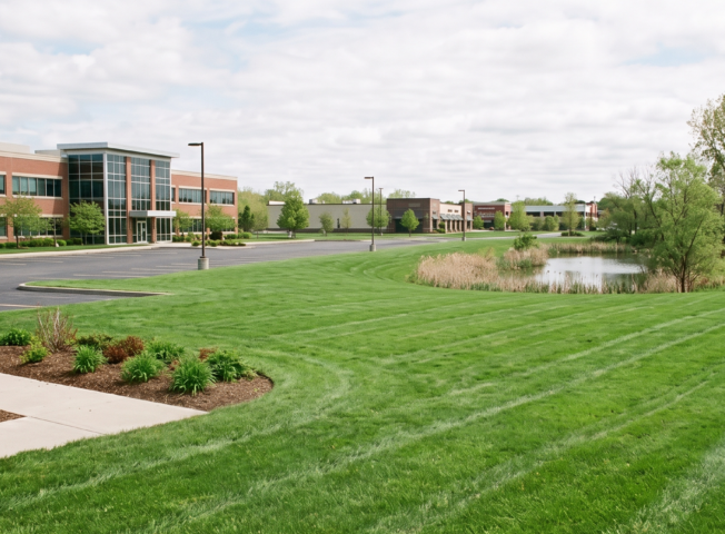 Immaculately maintained commercial lawn with professional mowing patterns outside a Western New York corporate business park in Amherst.