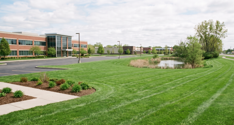Immaculately maintained commercial lawn with professional mowing patterns outside a Western New York corporate business park in Amherst.