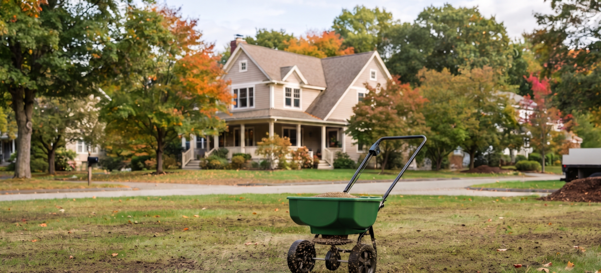 Amherst Landscaping professional performing fall overseeding on a residential lawn in Amherst.