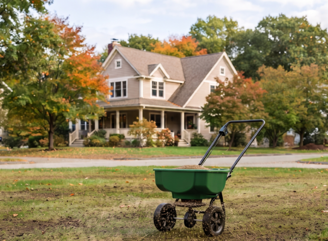 Amherst Landscaping professional performing fall overseeding on a residential lawn in Amherst.