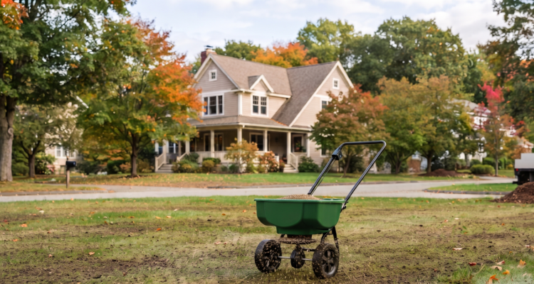 Amherst Landscaping professional performing fall overseeding on a residential lawn in Amherst.