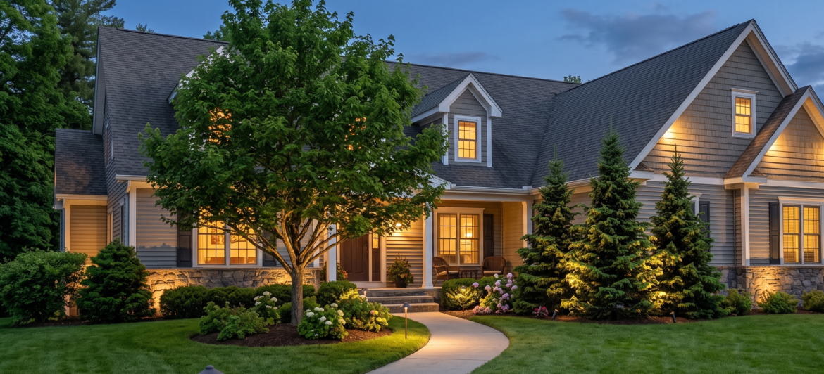 Illuminated walkway and stone facade of a modern Amherst home featuring warm 2700K low-voltage outdoor lighting at dusk.