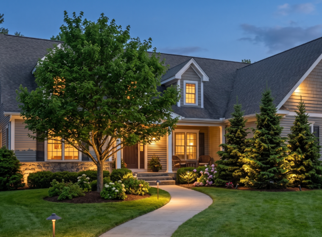 Illuminated walkway and stone facade of a modern Amherst home featuring warm 2700K low-voltage outdoor lighting at dusk.