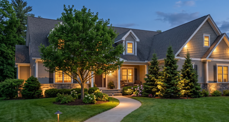 Illuminated walkway and stone facade of a modern Amherst home featuring warm 2700K low-voltage outdoor lighting at dusk.