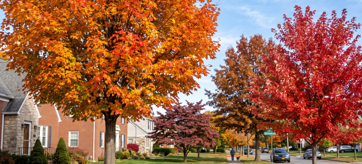 A vibrant autumn street in Amherst NY featuring mature Sugar Maple and Red Maple trees showcasing brilliant orange and crimson fall foliage.