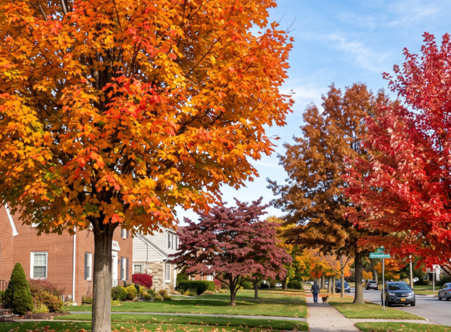 A vibrant autumn street in Amherst NY featuring mature Sugar Maple and Red Maple trees showcasing brilliant orange and crimson fall foliage.