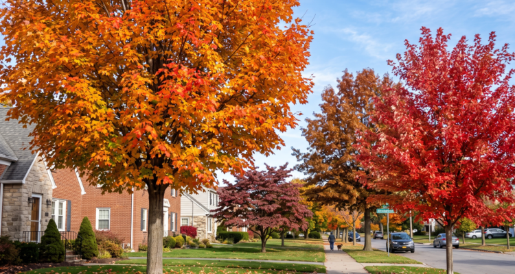 A vibrant autumn street in Amherst NY featuring mature Sugar Maple and Red Maple trees showcasing brilliant orange and crimson fall foliage.