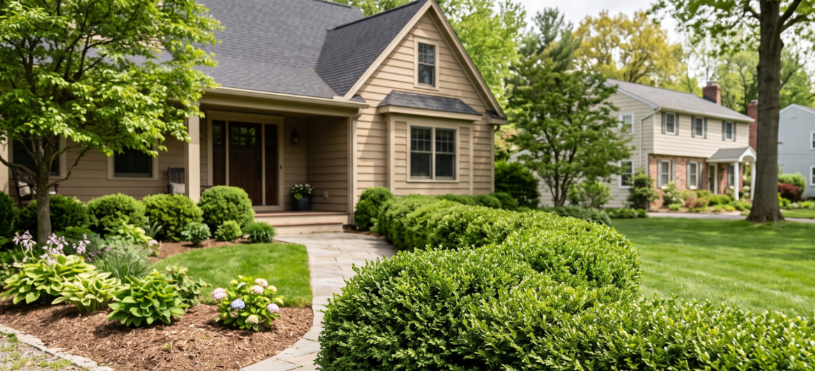 Healthy green boxwood hedges framing a stone walkway in a suburban residential front yard in Amherst NY.