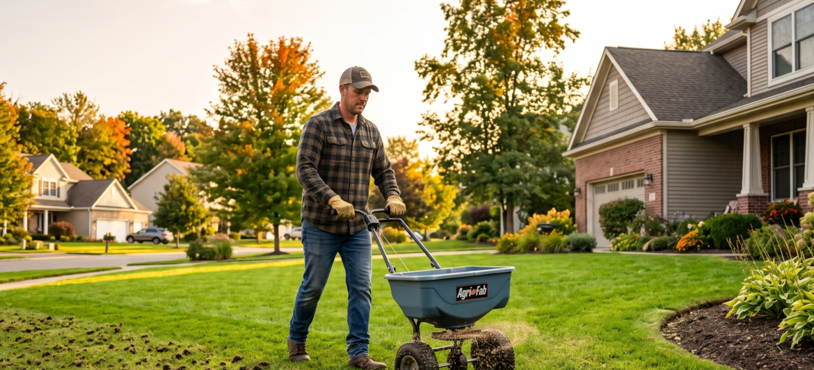 Landscaper using a broadcast